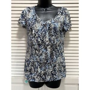Van Heusen‎ Blue/White/Black Short Sleeve Scoop Neck Ruffle Blouse Size S